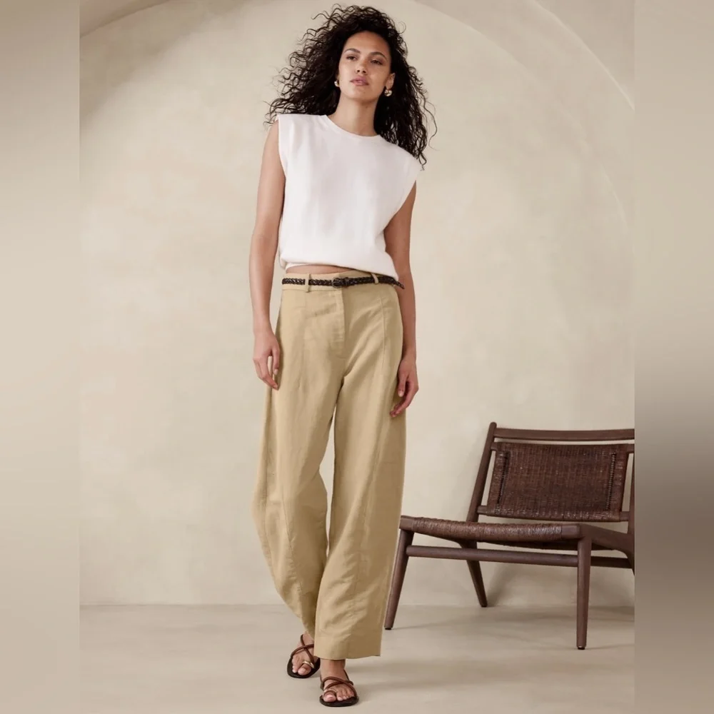 Women's High-Rise Wide-Leg Linen Blend Pants in Beige Womens Size 20